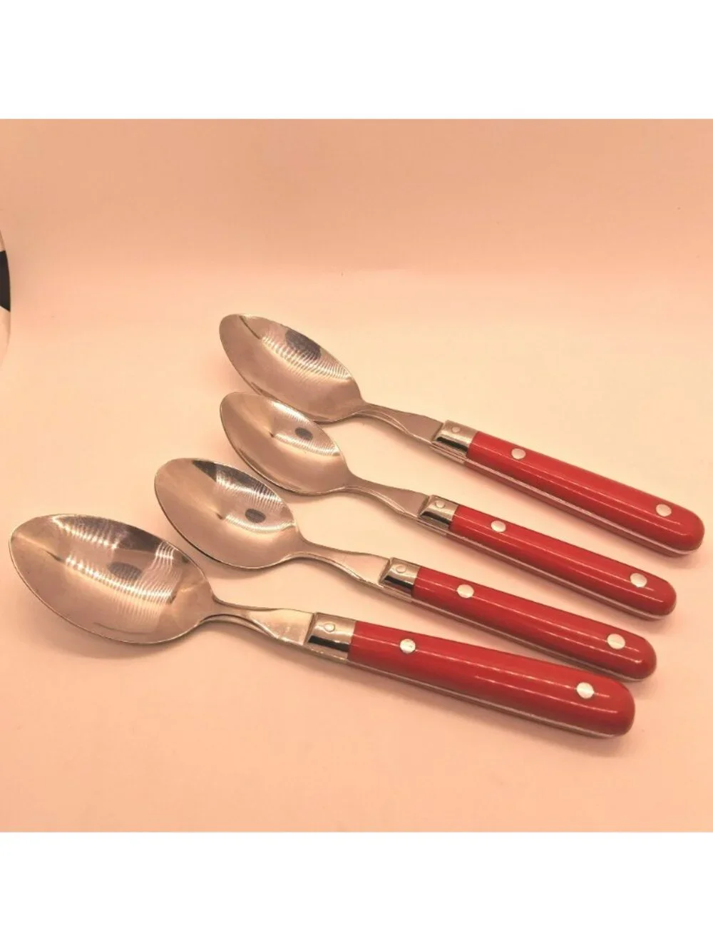 WF Mardi Gras Stainless Steel 2 Tea 2 Table Spoons Red Handles Vintage Flatware